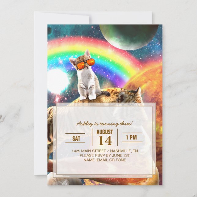 Invitation Space Galaxy Cat Riding Tiger sur Pizza (Devant)