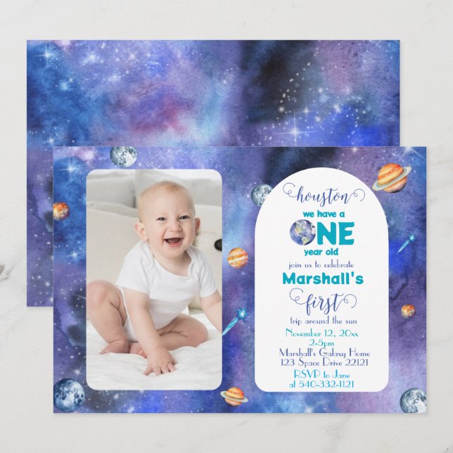 Invitation Space Galaxy Watercolor First Birthday Photo (Devant / Derrière)