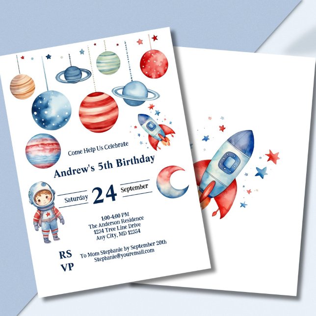 Invitation Space Kids Astronaut Planètes Red Blue Boy Anniver (Space astronaut rockets planets boys birthday invitation, Red blue, Printed Digital)