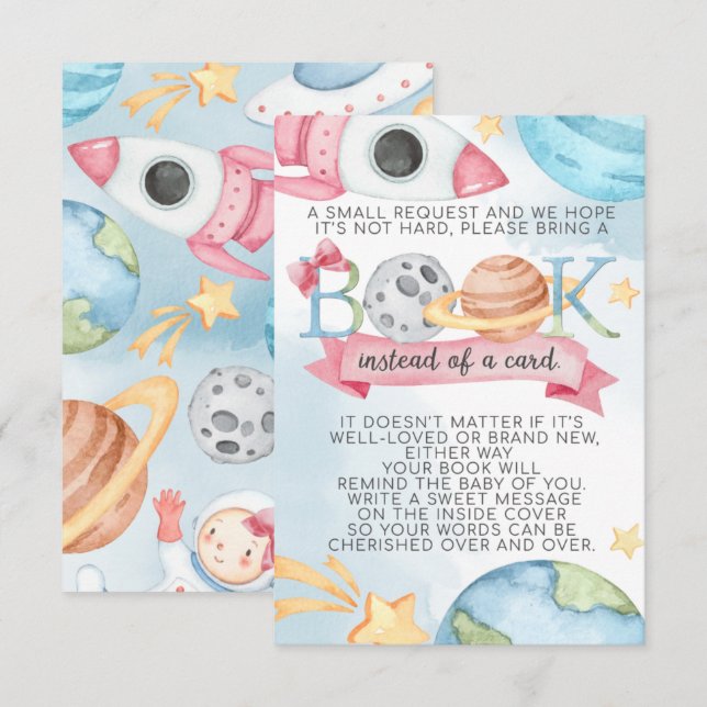 Invitation Space Planet Rose Girl Book Demande Card pour bébé (Devant / Derrière)
