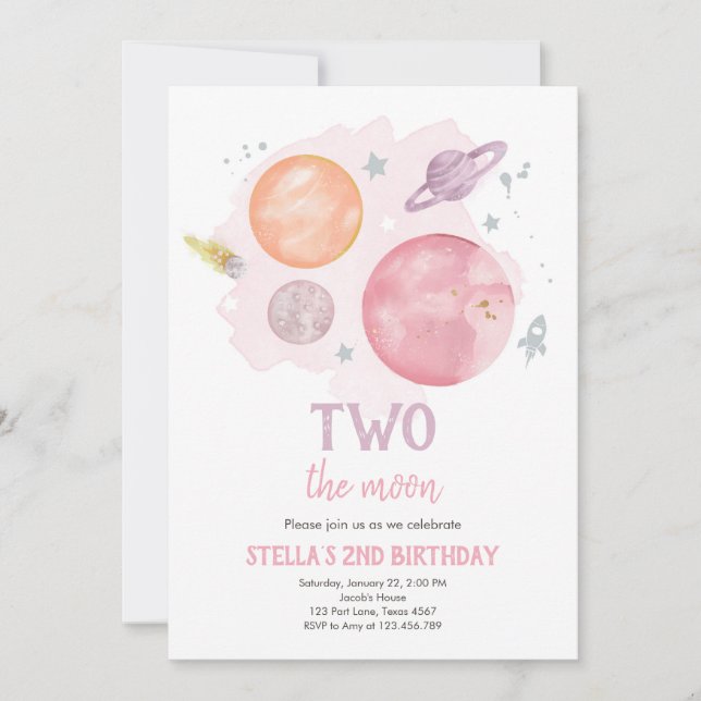 Invitation Space Planètes Deux La Lune Fille Anniversaire Inv (Devant)