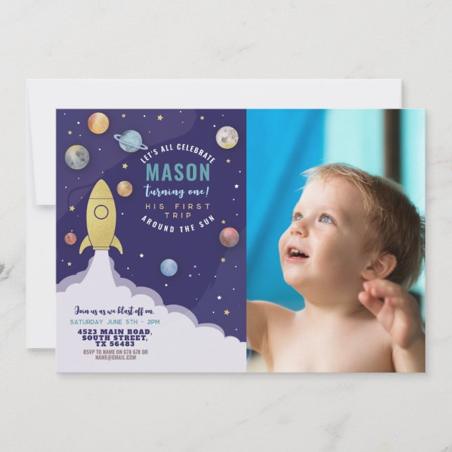 Invitation Space Rocket 1er Anniversaire Premier Voyage Sun P (Devant)