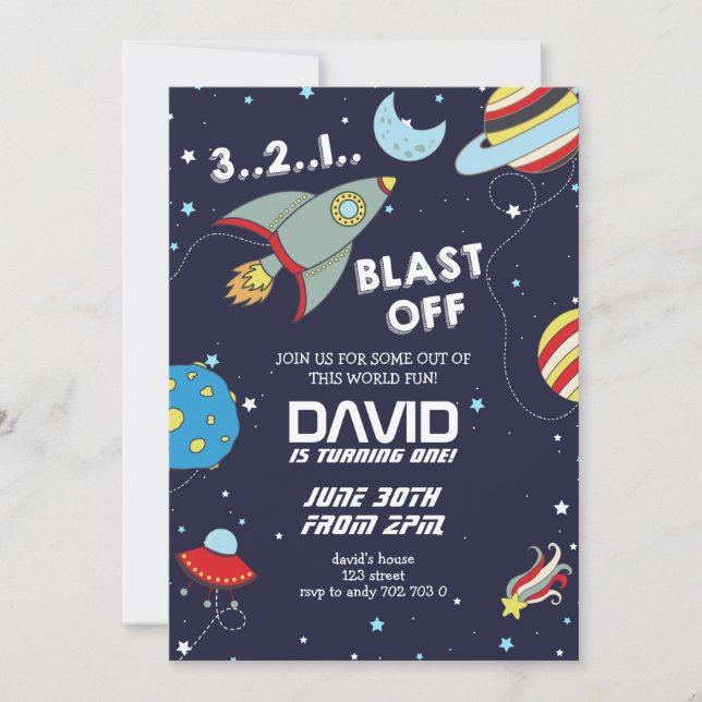 Invitation Space Rocket Galaxy Feu de garçon Anniversaire (Devant)