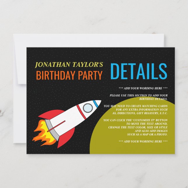 Invitation Space Rocket to the Moon Détails de l'anniversaire (Devant)
