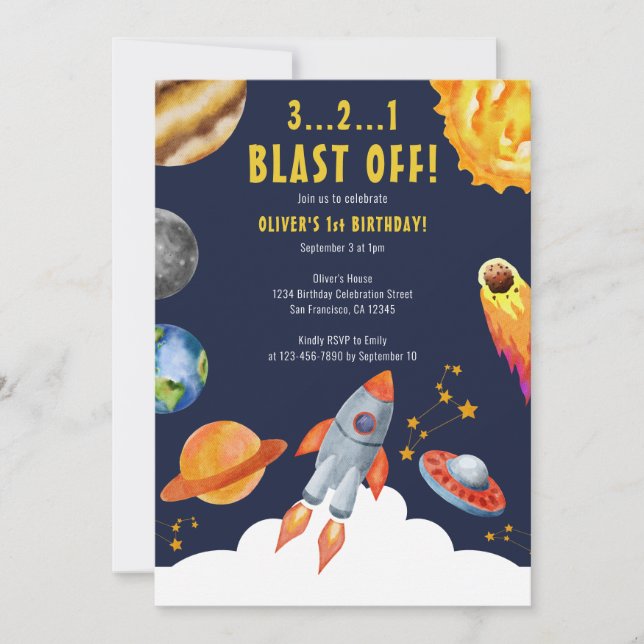 Invitation Space Rocks Ship Blast Off 1er Anniversaire fête (Devant)