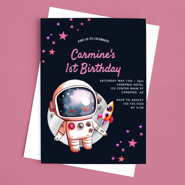 Invitation Space Stars Rocket Ship Girls 1er anniversaire (Créateur téléchargé)