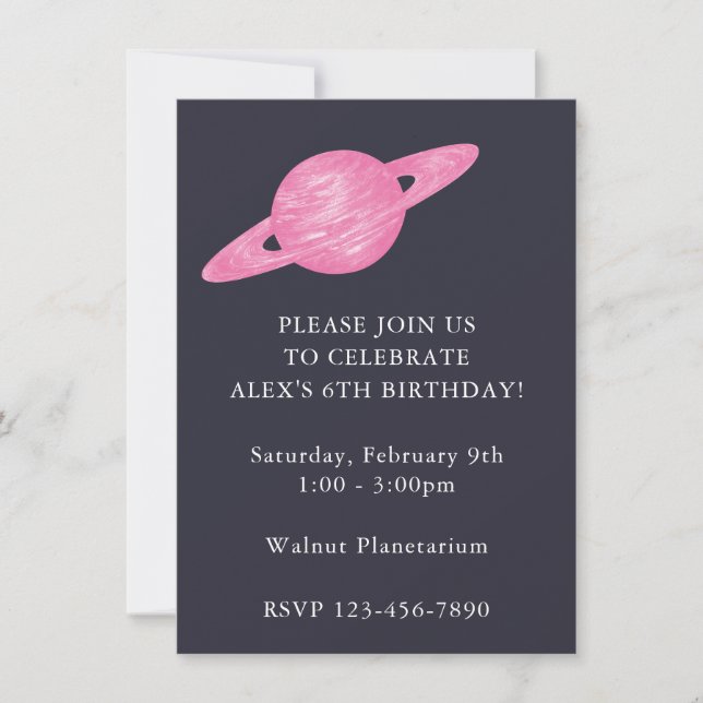 Invitation Space Theme Planète Party en bleu et rose (Devant)