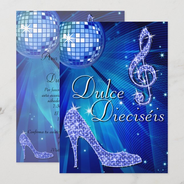 Invitation Spanish Blue Disco Ball & Sparkle Heels Sweet 16 (Devant / Derrière)