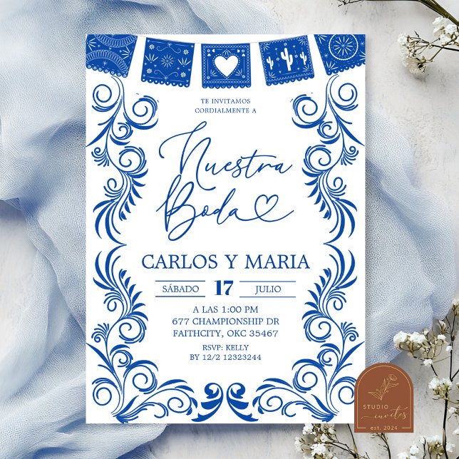 Invitation  Spanish Blue Talavera Frame Nuestra Boda (Créateur téléchargé)