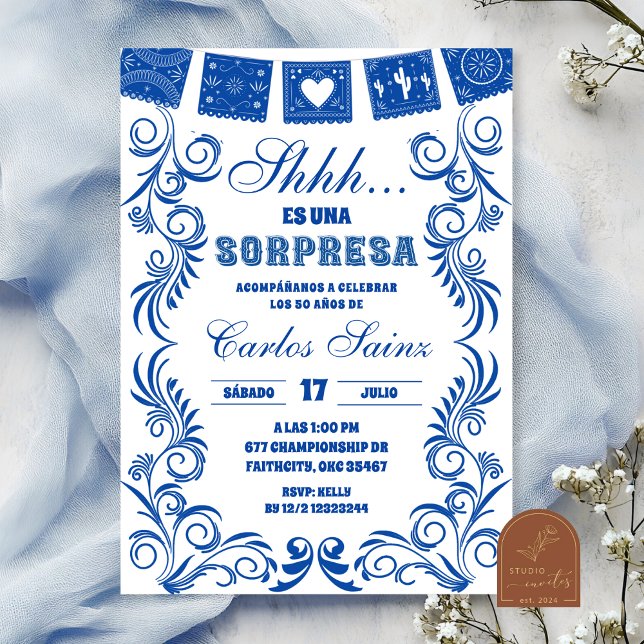 Invitation Spanish Blue Talavera SORPRESA Birthday Fiesta (Créateur téléchargé)