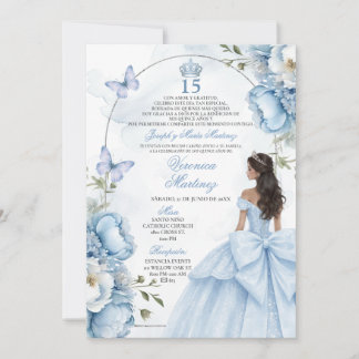 Invitation Spanish Dusty Blue Floral Princess Silver 15 Años 