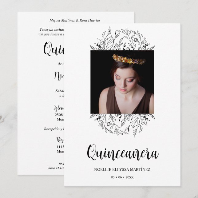 Invitation Spanish Luxury Wildflowers Frame Quinceañera Photo (Devant / Derrière)