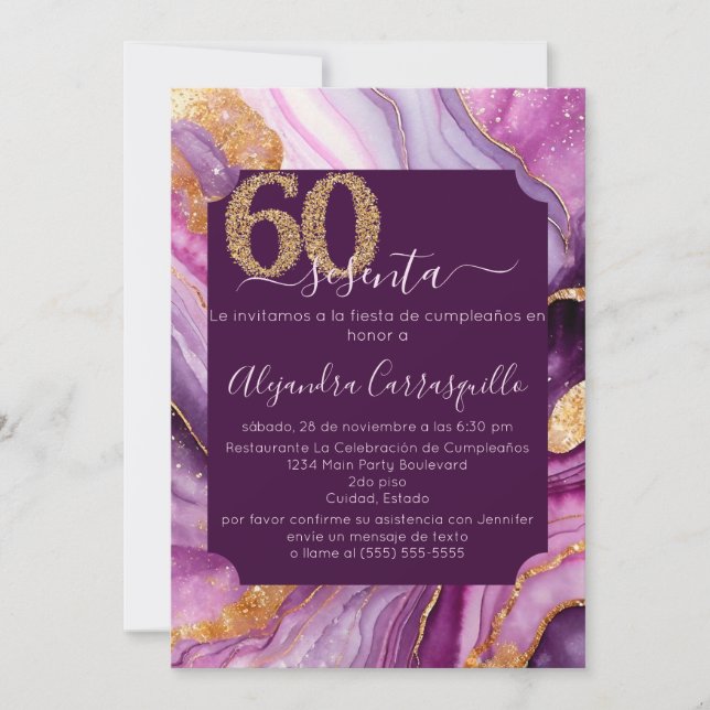 Invitation Spanish Modern Pink Agate 60e fête d'anniversaire (Devant)