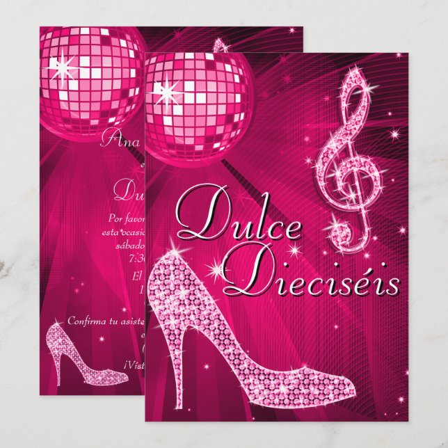 Invitation Spanish Pink Disco Ball & Sparkle Heels Sweet 16 (Devant / Derrière)