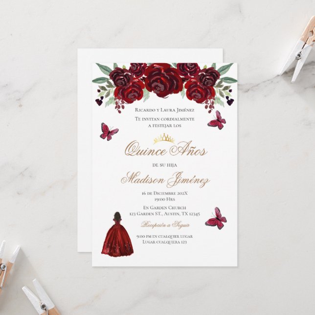 Invitation Spanish Quinceanera red floral invite (Front/Back In Situ)