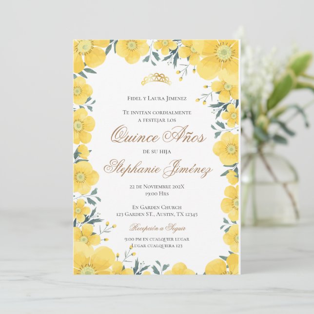 Invitation Spanish Quinceanera yellow floral invit (Standing Front)
