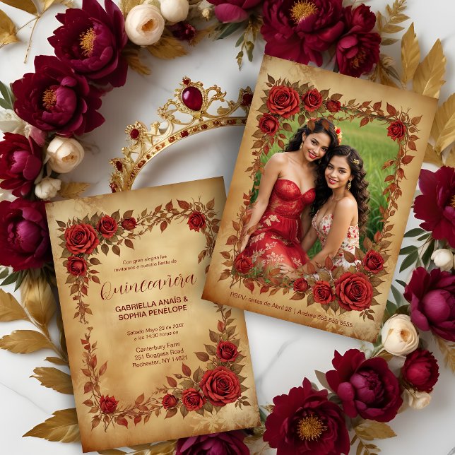 Invitation Spanish Quinceañeras Vintage Romantic Photo (Spanish Quinceañeras Vintage Romantic Photo Red Roses Frame and Gold Shades Invitations Cards.)