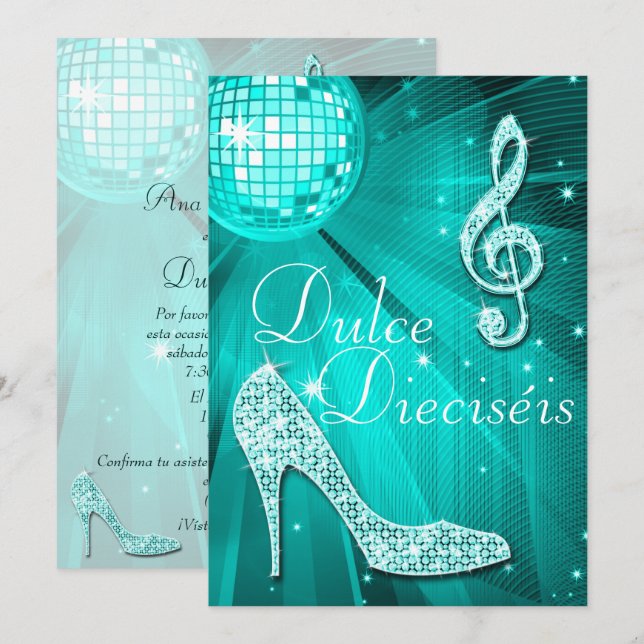 Invitation Spanish Teal Disco Ball and Sparkle Heels Sweet 16 (Devant / Derrière)