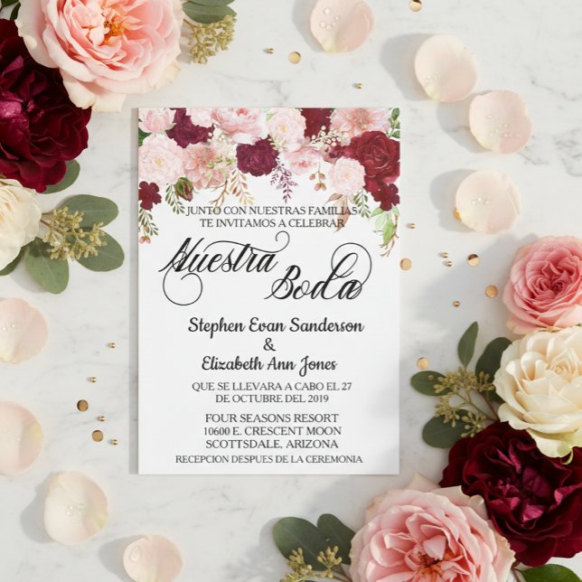 Invitation Spanish Wedding Rose Burgundy Pink Nuestra Boda (Créateur téléchargé)