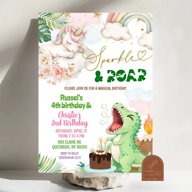Invitation Sparkle And Roar Unicorn Dinosaur Joint Birthday (Créateur téléchargé)