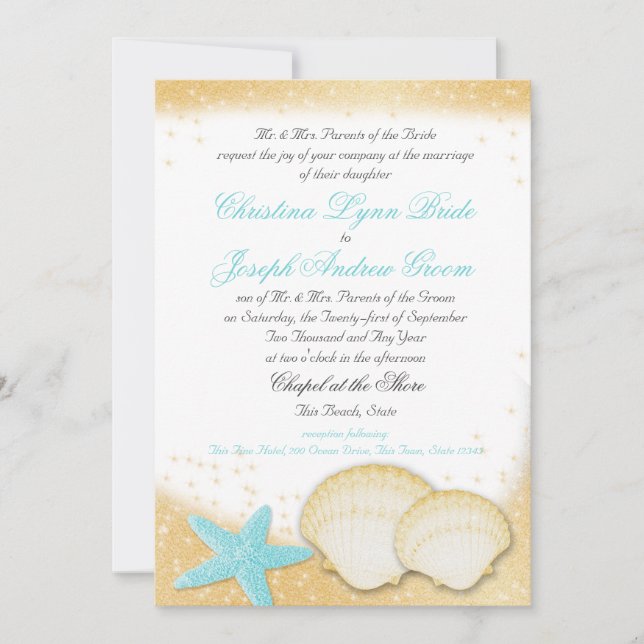 Invitation Sparkle Beach Sea Shells et Aqua Starfish (Devant)