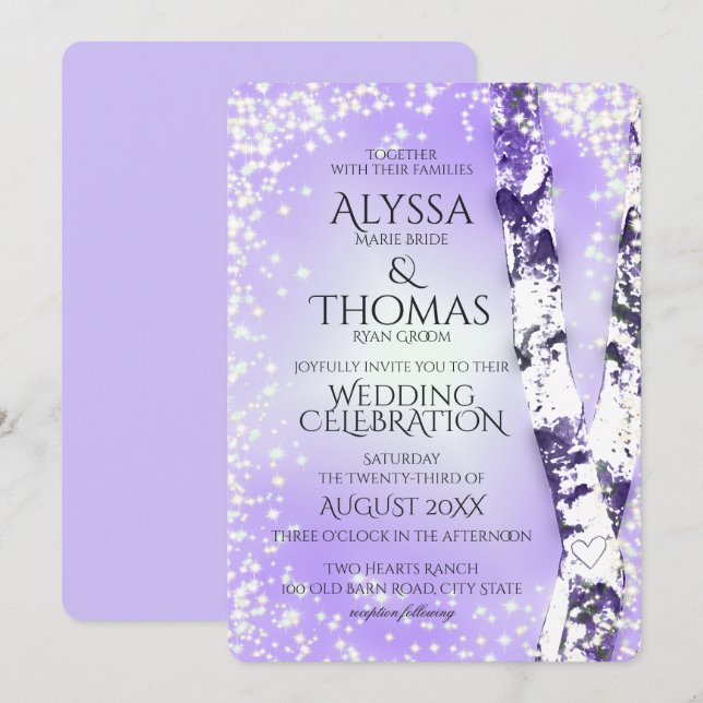 Invitation Sparkle Birch Mariage Violet (Devant / Derrière)