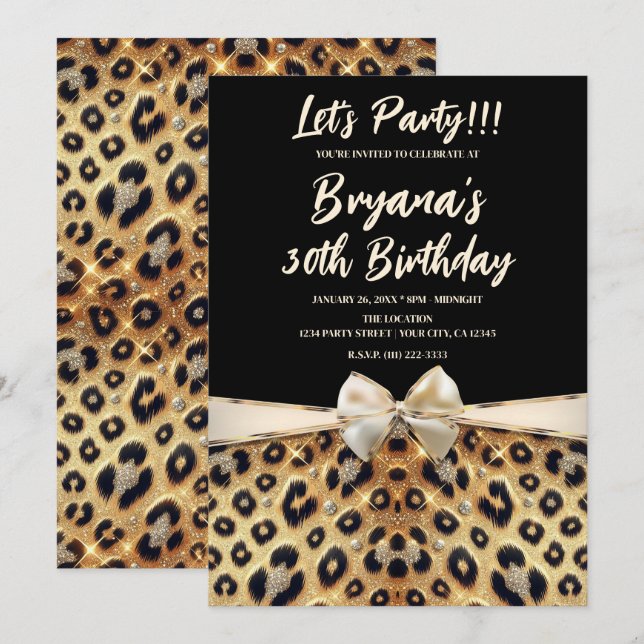 Invitation Sparkle Glam Gold Empreinte de léopard noir Annive (Devant / Derrière)