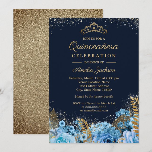 Invitation Sparkle Gold Blue Parties scintillant florale Quin (Devant / Derrière)