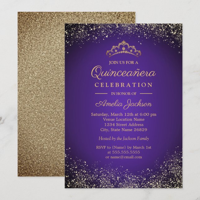 Invitation Sparkle Gold Purple Parties scintillant Quinceaner (Devant / Derrière)