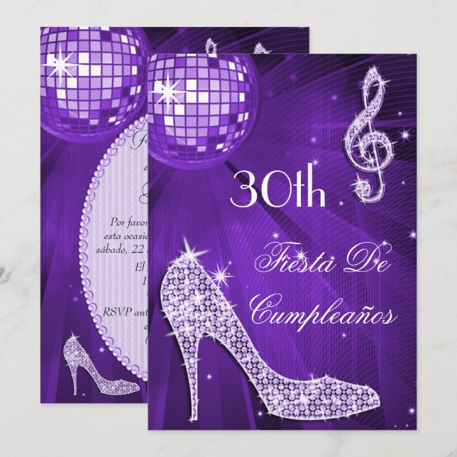 Invitation Sparkle Heels Purple Disco Ball 30th Birthday (Devant / Derrière)