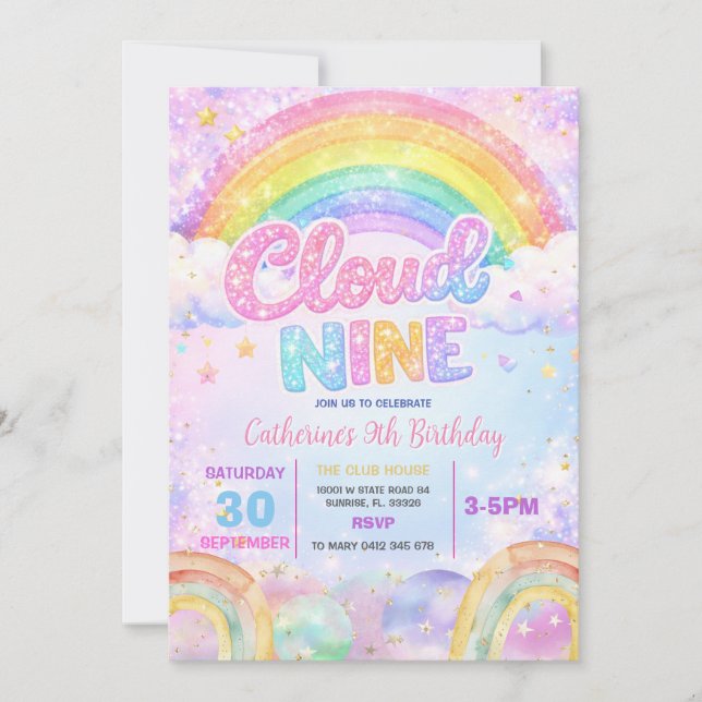 Invitation Sparkle Rainbow Cloud Nine Birthday Party (Devant)