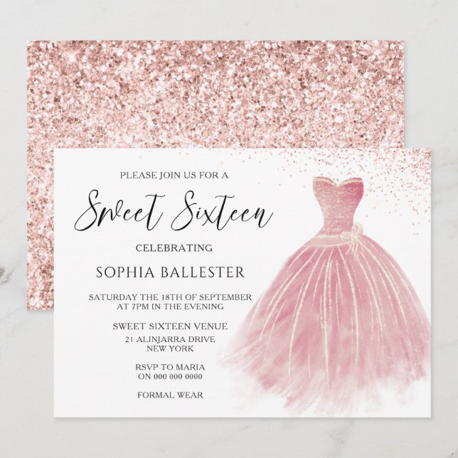 Invitation Sparkle Rose Gold Blush Gown Sweet 16 Party (Devant / Derrière)