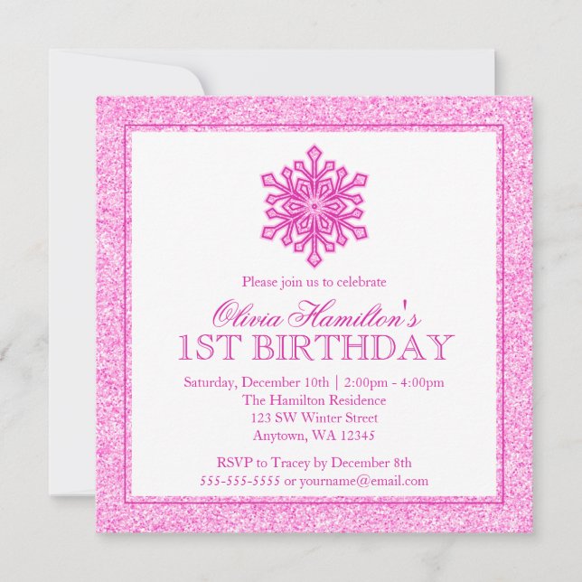 Invitation Sparkle Snowflake 1er anniversaire rose (Devant)