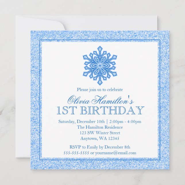 Invitation Sparkle Snowflake Blue 1er Anniversaire (Devant)