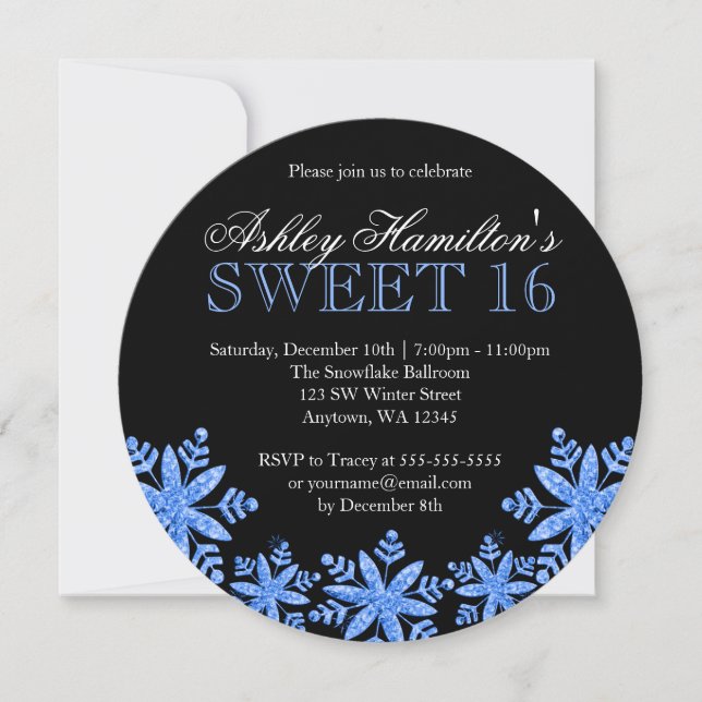 Invitation Sparkle Snowflakes Blue Sweet 16 Winter Wonderland (Devant)