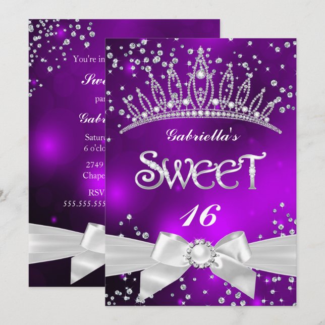 Invitation Sparkle Tiara Sweet 16 parti violet (Devant / Derrière)