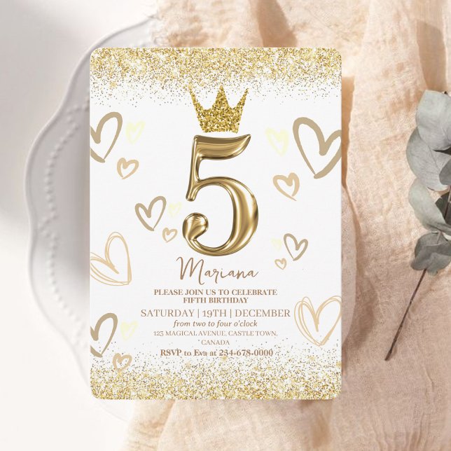 Invitation Sparkles Gold Princess Crown 5e anniversaire (Créateur téléchargé)