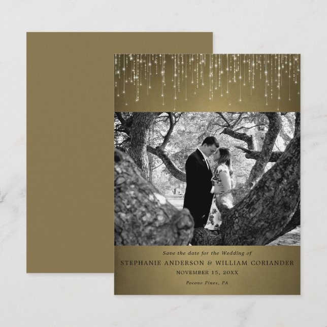 Invitation Sparkling Lights Gold Photo Enregistrer la date (Devant / Derrière)