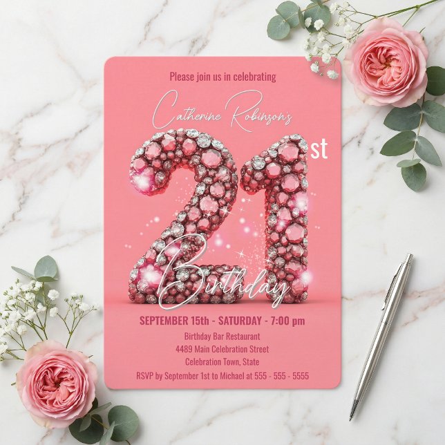 Invitation Sparkling Pink and Silver Gemstones 21st Birthday (Créateur téléchargé)