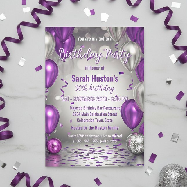 Invitation Sparkling Purple and Silver 30th Birthday Party (Créateur téléchargé)