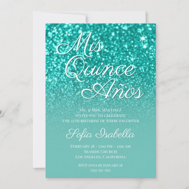 Invitation Sparkly Bokeh Parties scintillant Turquoise Ombre  (Devant)