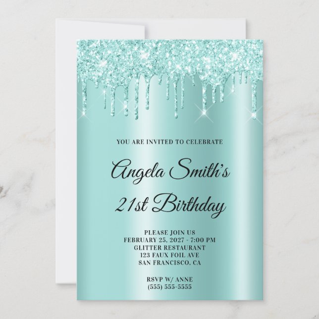 Invitation Sparkly Glittery Drips Light Teal Ombre (Devant)