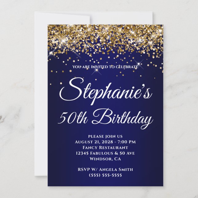 Invitation Sparkly Gold Glitter Navy Gradient 50th Birthday (Devant)