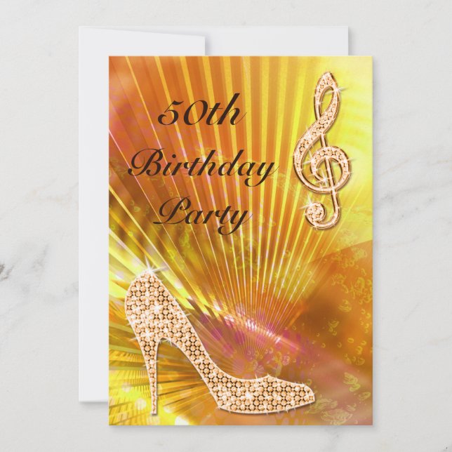 Invitation Sparkly Orange Music Note & Stiletto 50e anniversa (Devant)