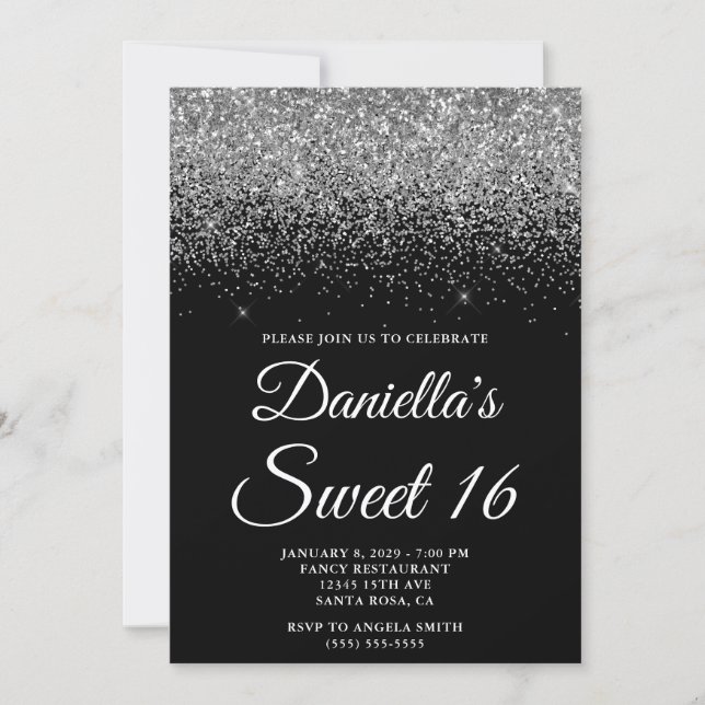Invitation Sparkly Silver Glitter Black Sweet 16 (Devant)