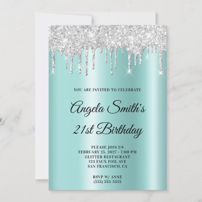 Invitation Sparkly Silver Glitter Drips Light Teal Ombre (Devant)