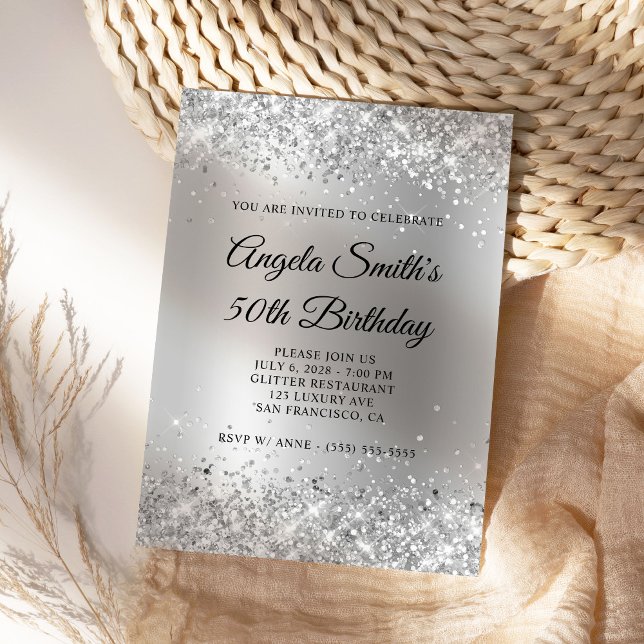 Invitation Sparkly Silver Parties scintillant Satin Foil 50e  (Create a modern silvery glitter birthday invite.)