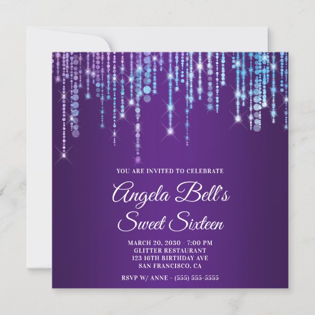 Invitation Sparkly Unicorn Lights Royal Purple Sweet Sixteen (Devant)