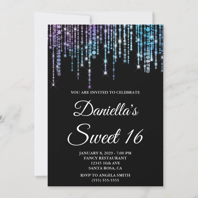 Invitation Sparkly Unicorn String Lights Black Sweet 16 (Devant)