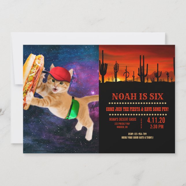 Invitation Spatiale chat avec casquette et sac à dos (Devant)